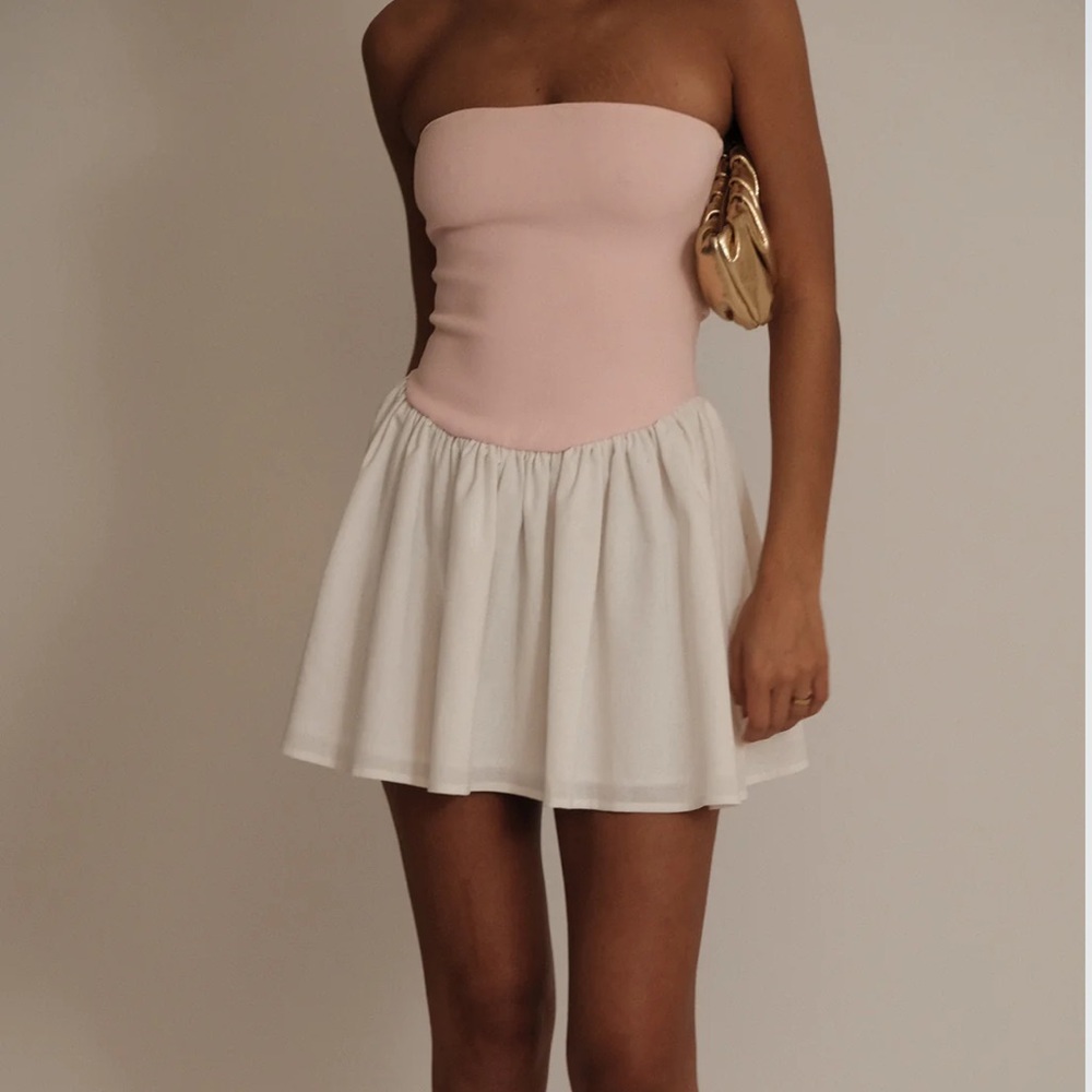 Meshki Hannah- Knit And Linen Mini Dress - Baby Pink/White NWT